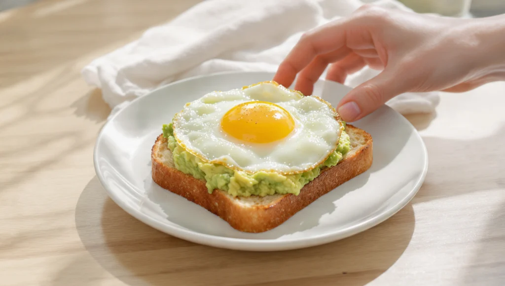 Avocado Toast mit Ei, gesundes proteinreiches Frühstück, schnell in 8 Minuten zubereitet.