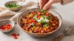 Chili sin Carne — ein vollmundiges veganes Chili mit Kidneybohnen, Linsen und geräuchertem Paprika, das in nur 20 Minuten genauso herzhaft und sättigend schmeckt wie das Original mit Fleisch.