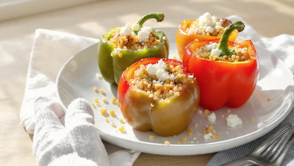Gefüllte Paprika mit Couscous und Feta, schnelles vegetarisches Gericht in 25 Minuten.