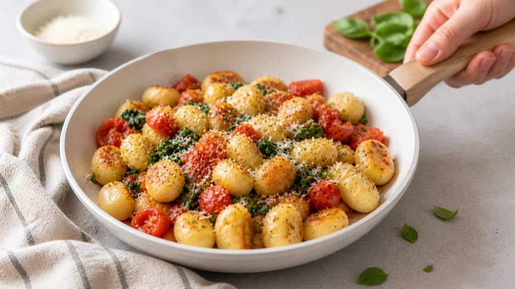 Knusprige Pfannen-Gnocchi mit Salbei und Parmesan: goldbraun gebratene Gnocchi in schwarzer Pfanne serviert