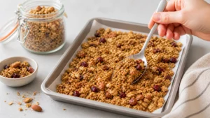Selbstgemachtes Granola mit Haferflocken, Nüssen, Honig und Trockenfrüchten in einem Einmachglas auf Holztisch