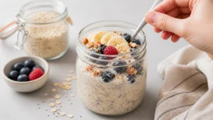 Overnight Oats im Glas mit frischen Beeren, Granola und Honig: das perfekte 5-Minuten-Meal-Prep-Frühstück