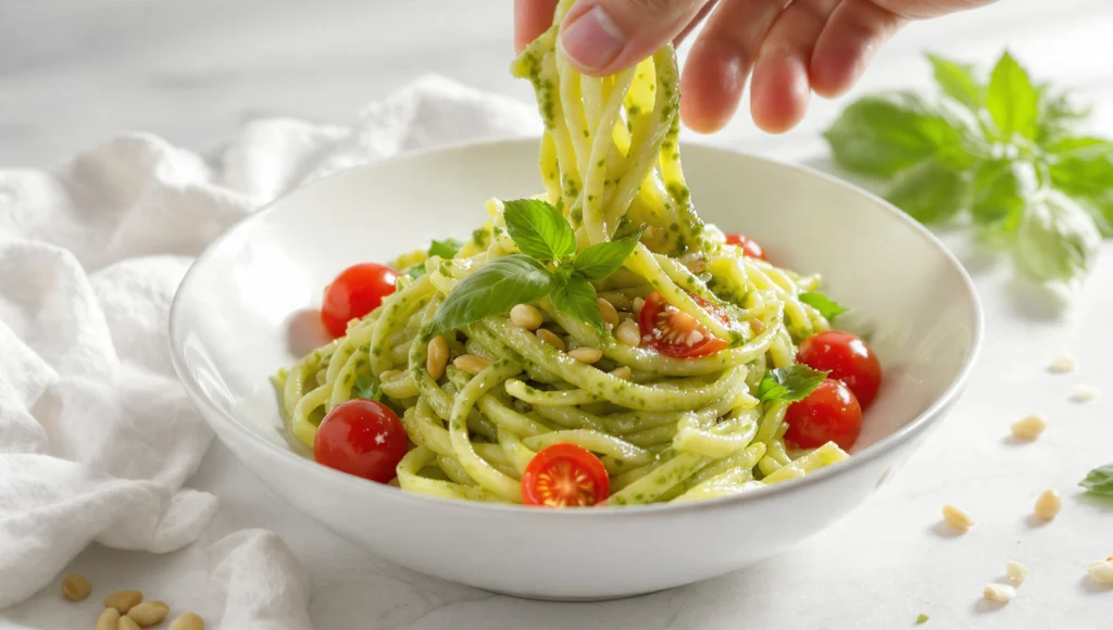 Pasta mit Avocado-Pesto: cremige grüne Avocado-Basilikum-Sauce mit Spaghetti und Kirschtomaten in 10 Min.