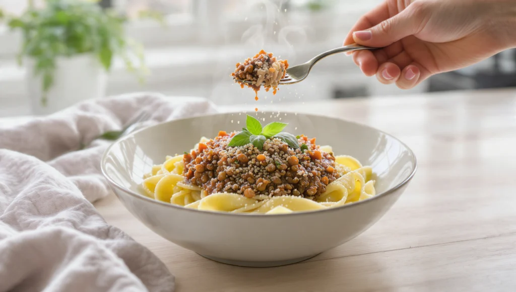 Pasta mit Linsen-Bolognese: vegetarische Spaghetti mit roter Linsen-Tomatensauce und Parmesan in 20 Minuten