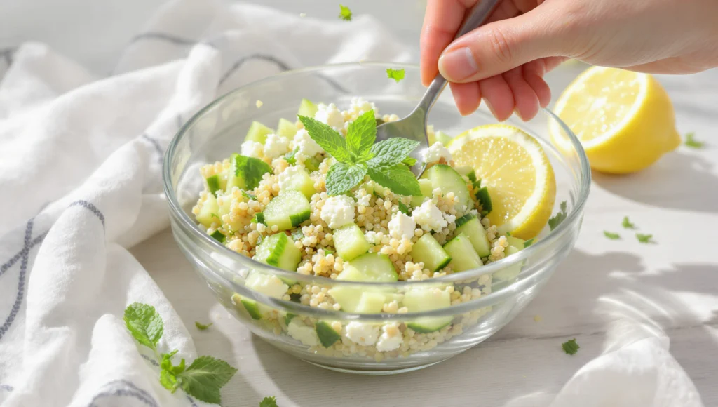 Quinoa-Feta-Salat mit Gurke und Minze: frischer mediterraner Salat mit Zitronendressing in 10 Minuten