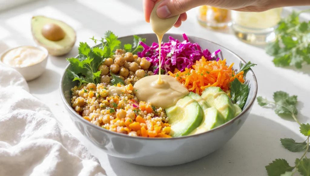 Buddha Bowl in 20 Minuten: bunte Schüssel mit Quinoa, Kichererbsen, Avocado und Gemüse als Meal-Prep-Grundlage