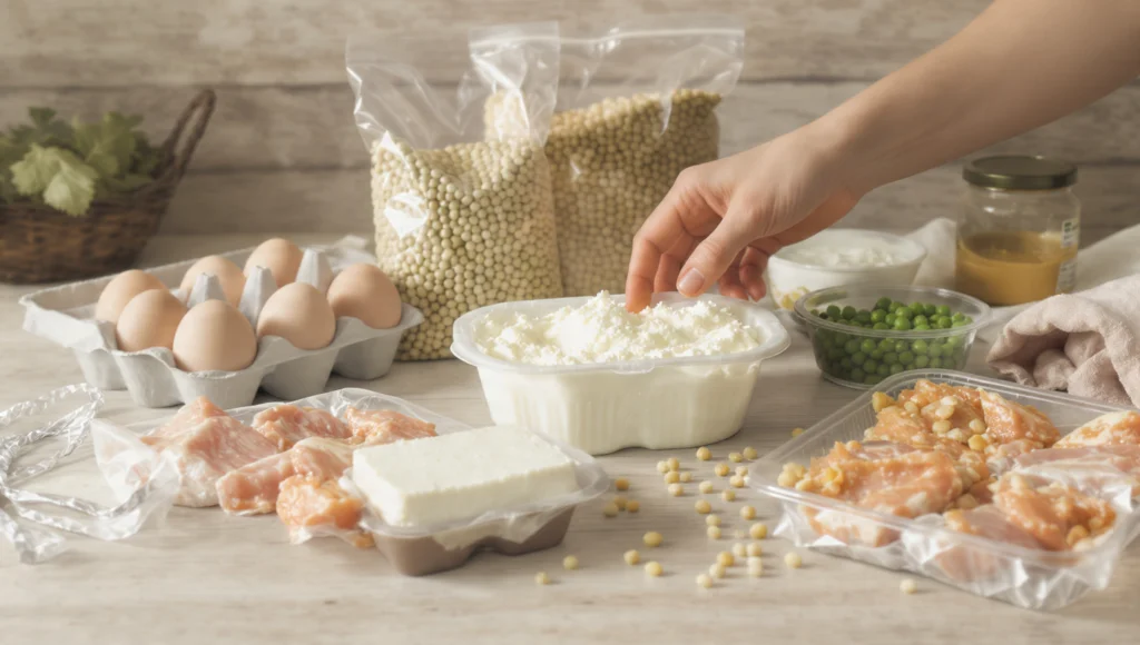 Günstige Proteinquellen: Eier, Linsen, Thunfisch, Quark und Hülsenfrüchte auf einem Holztisch