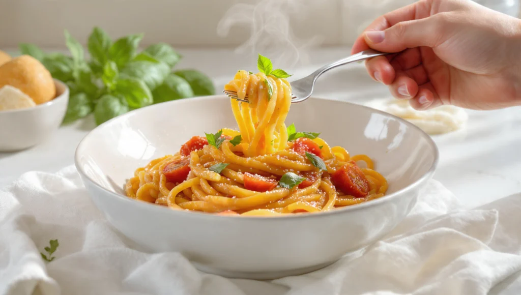 Cremige Tomaten-Pasta mit Parmesan und frischem Basilikum in einer tiefen Schüssel auf Holzuntergrund