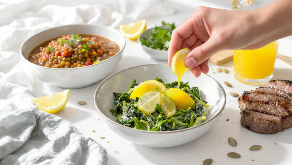 Eisenreiche Lebensmittel wie Spinat, Linsen und Fleisch zur Unterstützung bei Eisenmangel Ernährung