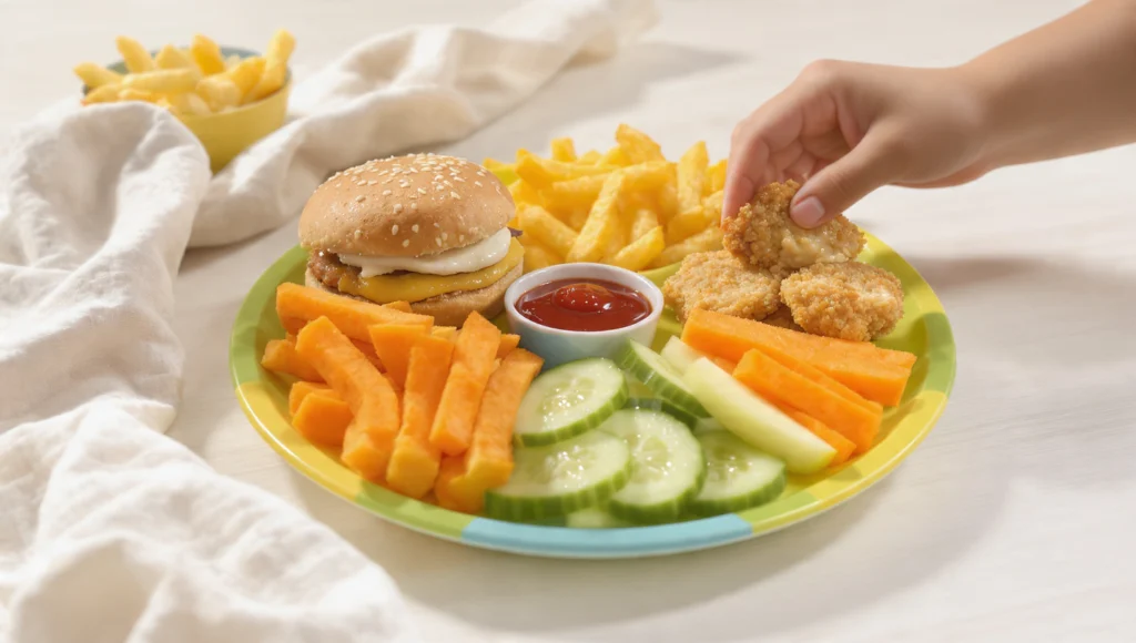 Schnelles Essen für Kinder: bunte Nudeln, Gemüse und Dips auf einem kindgerechten Teller angerichtet