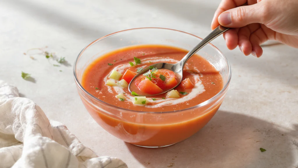 Erfrischender Gazpacho – die klassische kalte Tomatensuppe aus Spanien, in nur 10 Minuten zubereitet und perfekt für heiße Sommertage.