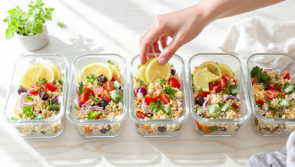 Meal-Prep Getreidesalat mit Gemüse für 5 Tage, gesund, frisch und einfach vorzubereiten