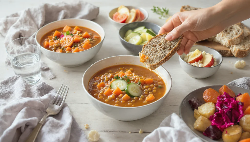 Cheap and healthy eating in Germany – colorful vegetable pan with lentils and whole grain rice under €3
