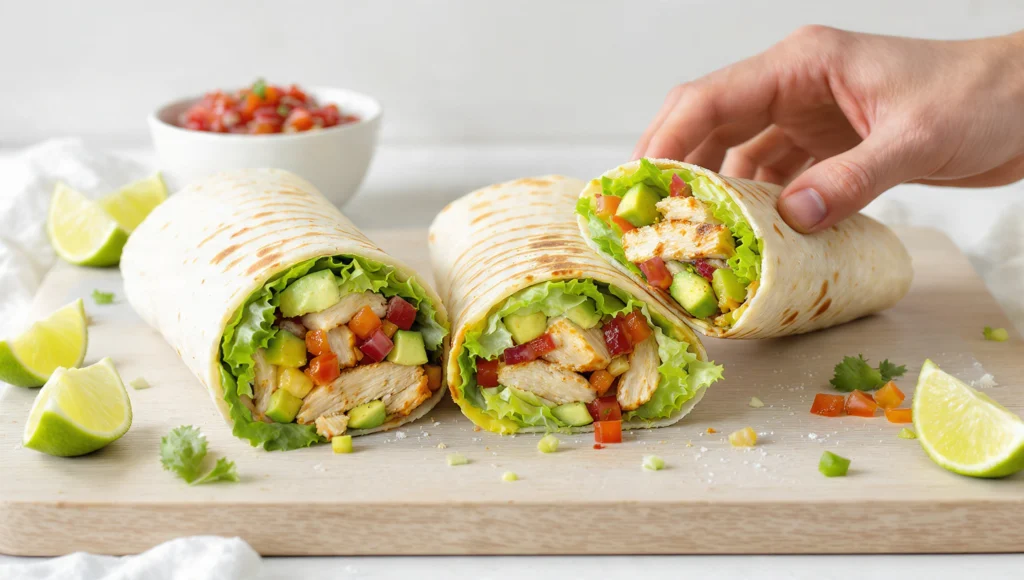 Hähnchen-Wraps mit Avocado und frischer Salsa, schnelles 15-Minuten-Rezept, leicht und lecker