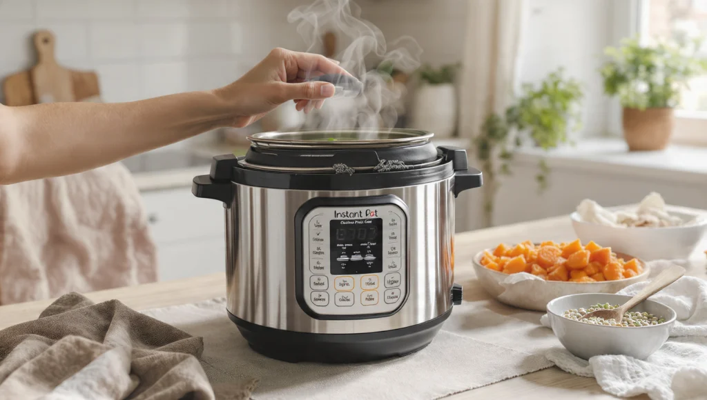 Instant Pot Erfahrungsbericht: Elektrischer Schnellkochtopf auf Küchentheke mit fertig gekochtem Gericht