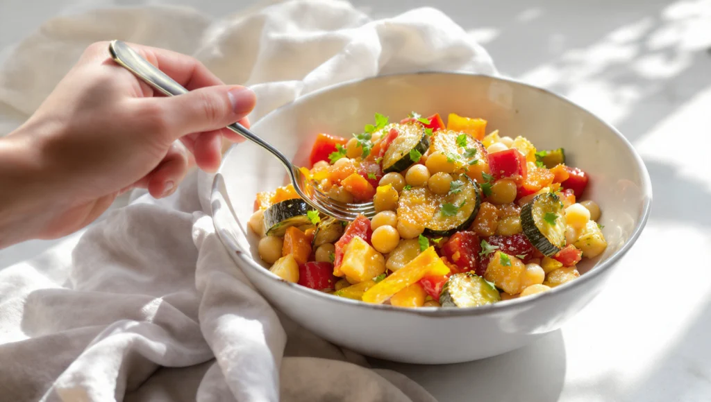 Kichererbsen-Salat mit geröstetem Gemüse: bunte Schüssel mit Paprika, Zucchini und Kräuterdressing in 15 Minuten