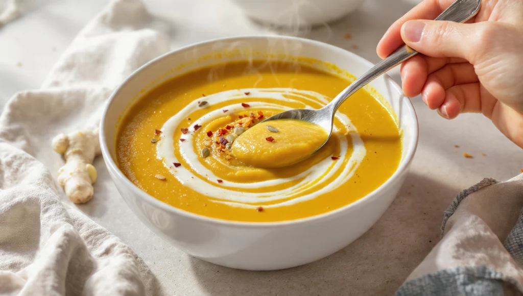 Kürbissuppe mit Ingwer in 25 Minuten – cremiger Herbstklassiker in einer Schüssel serviert