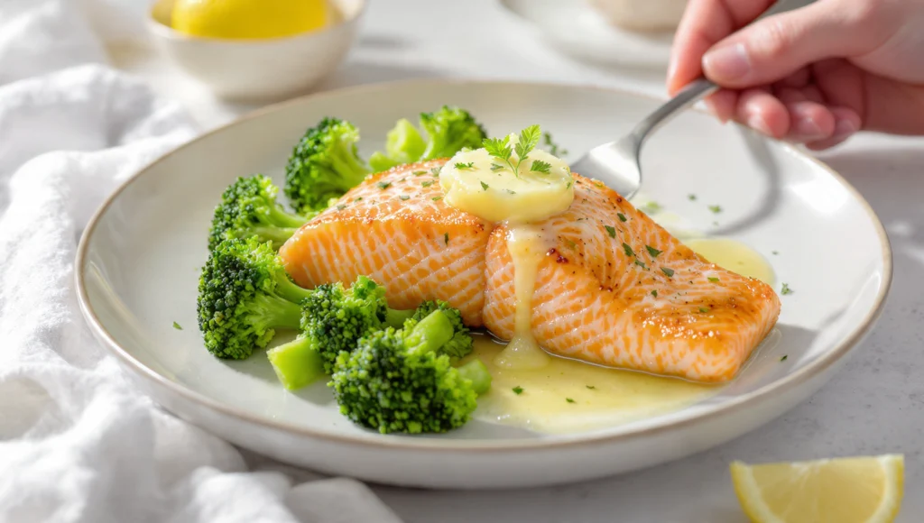 Lachs mit Zitronen-Kräuterbutter und Brokkoli: gebratenes Lachsfilet mit Kräutern und Gemüse auf weißem Teller