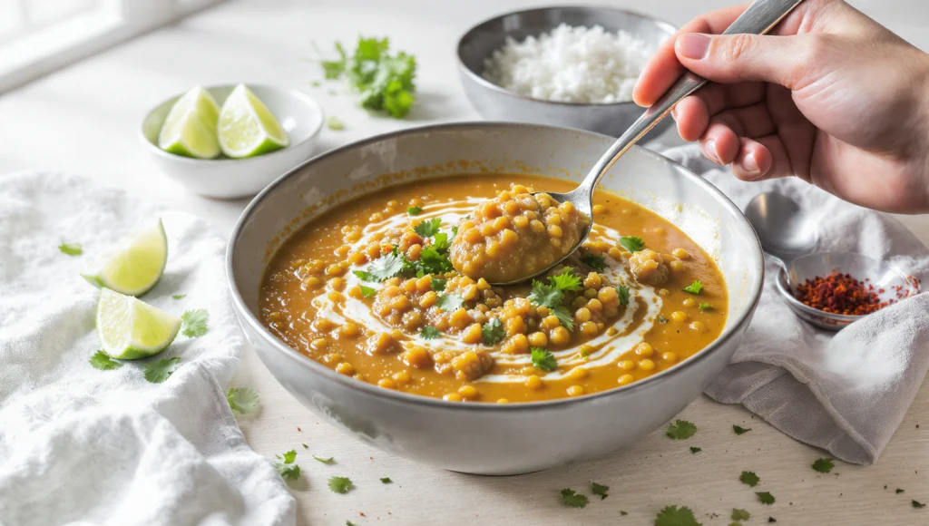 Veganes Linsen-Curry mit Kokosmilch, schnelles 20-Minuten Rezept, cremig und aromatisch