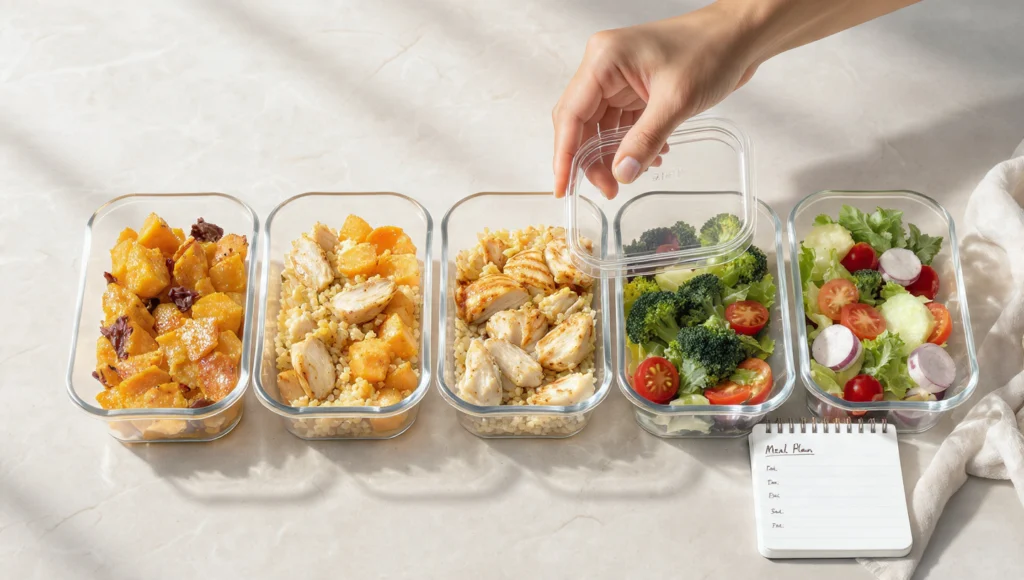 Meal Prep Anleitung: Einmal kochen für 5 Tage gesunde Mahlzeiten in Behältern.