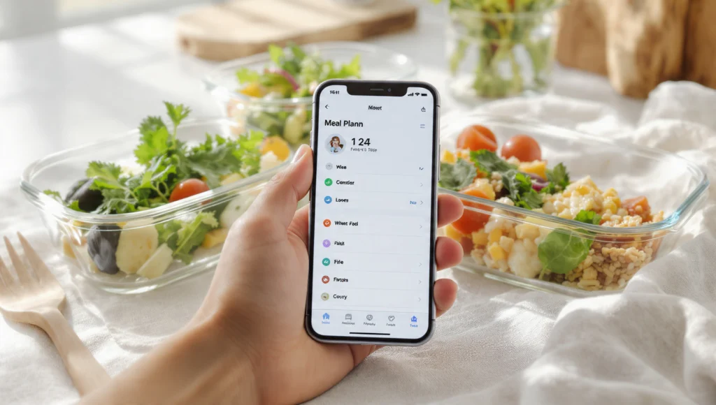 Meal-Prep-Apps im Vergleich: Smartphone mit Wochenplan-App neben vorbereiteten Mahlzeiten in Glasbehältern