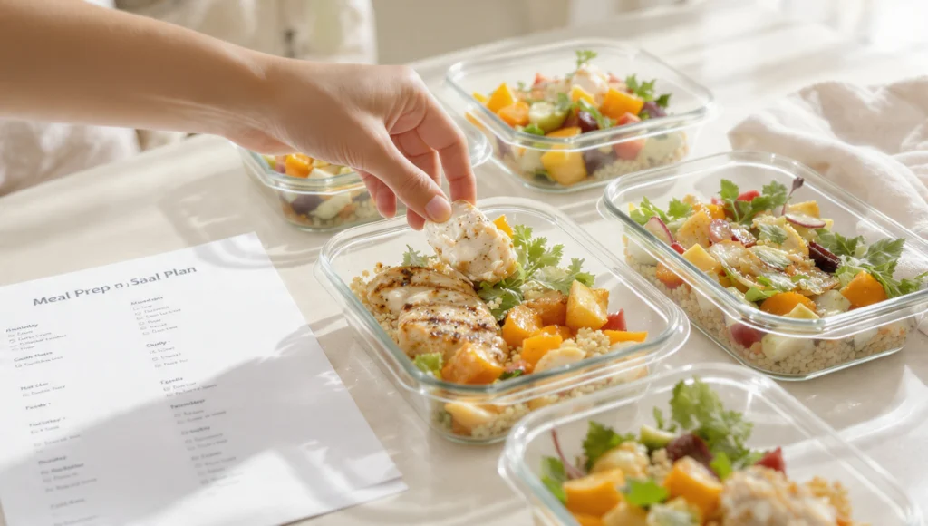 Meal Prep Sonntag Wochenplan mit Einkaufsliste: Frische, portionsweise Mahlzeiten in Gläsern.