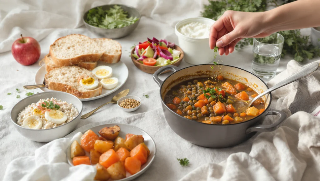 Healthy eating in Germany on a €50 weekly budget – fresh vegetables, grains, and legumes on a table