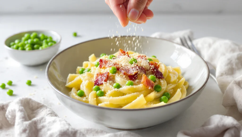 Nudeln mit Erbsen und Speck, schnelles 15-Minuten Rezept, klassisch und herzhaft