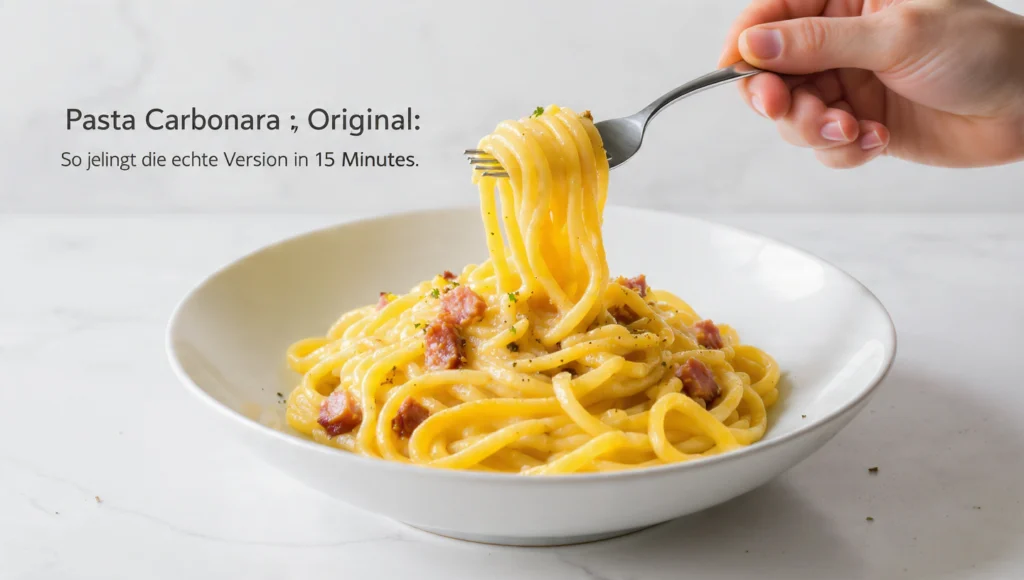 Pasta Carbonara Original: cremige Spaghetti mit Guanciale, Eigelb und Pecorino in tiefer Schüssel serviert