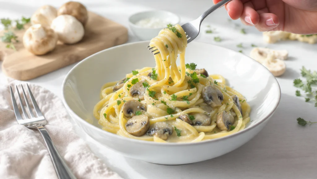 Pasta mit Pilzen und Sahnesauce, cremiges 15-Minuten Rezept, herzhaft und einfach