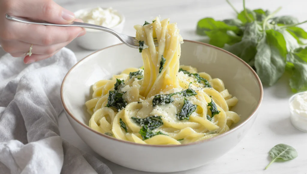 Cremige Pasta mit Spinat und Frischkäse, schnelles 10-Minuten Rezept, günstig und einfach