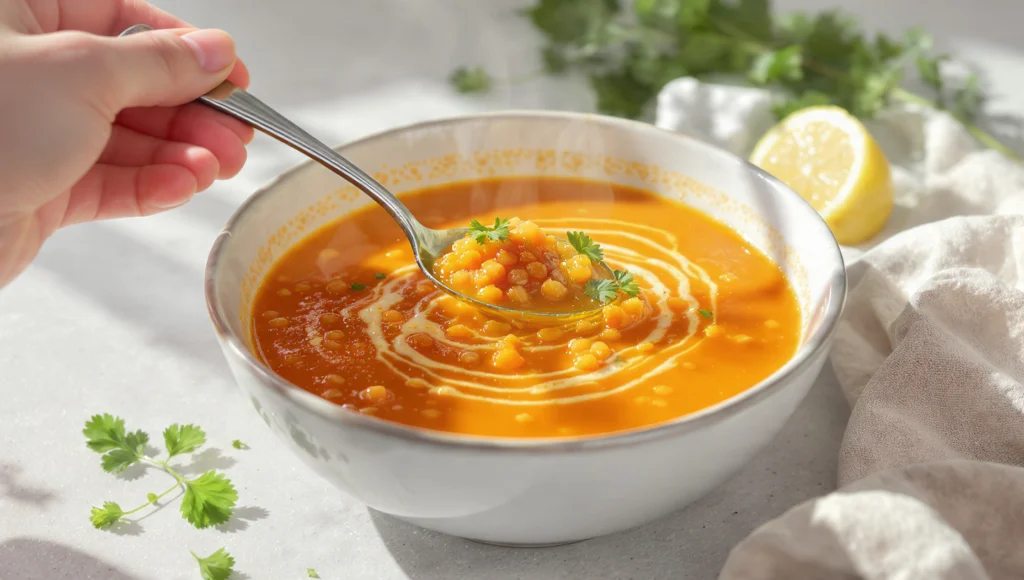 Rote Linsensuppe in 20 Minuten – günstiges, gesundes Mittagessen in einer weißen Schüssel serviert