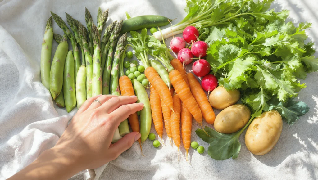 Saisonales Gemüse in Deutschland: frischer Spargel, Kürbis, Rotkohl und Karotten auf einem Holztisch
