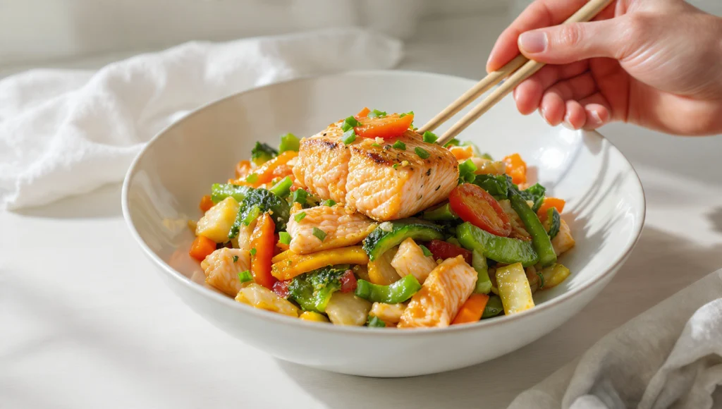 Lachs-Pfannengericht mit buntem Gemüse in Soja-Ingwer-Sauce, serviert in einer schwarzen Pfanne
