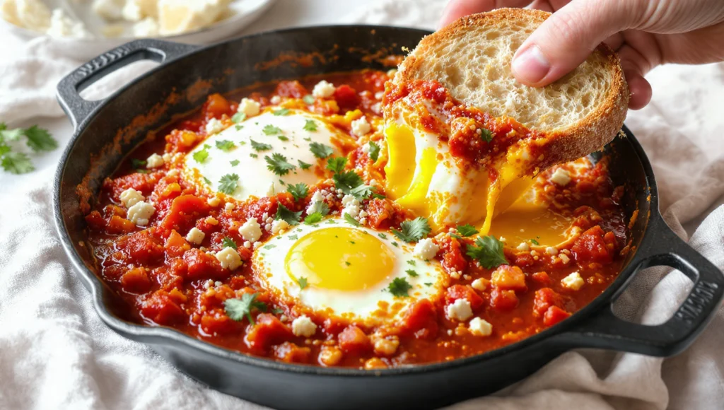 Vegetarische Shakshuka mit pochierten Eiern in gewürzter Tomatensauce in einer Gusseisenpfanne, garniert mit Kräutern