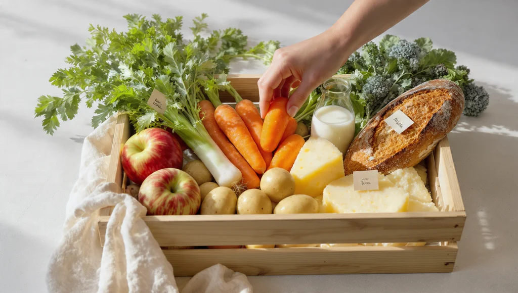 Regionale Lebensmittel aus Deutschland: frisches Gemüse, Brot und Käse auf einem Wochenmarkt