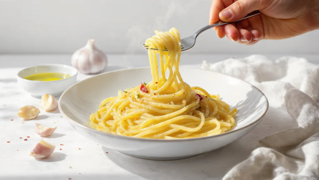 Spaghetti Aglio e Olio mit Knoblauch und Olivenöl, schnelles 12-Minuten Rezept, italienischer Klassiker
