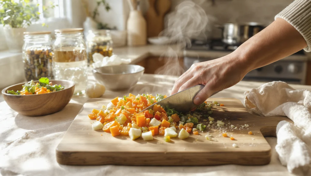 Nachhaltig kochen im Alltag - Hand schneidet Gemüse auf Holzbrett in heller, freundlicher Küche