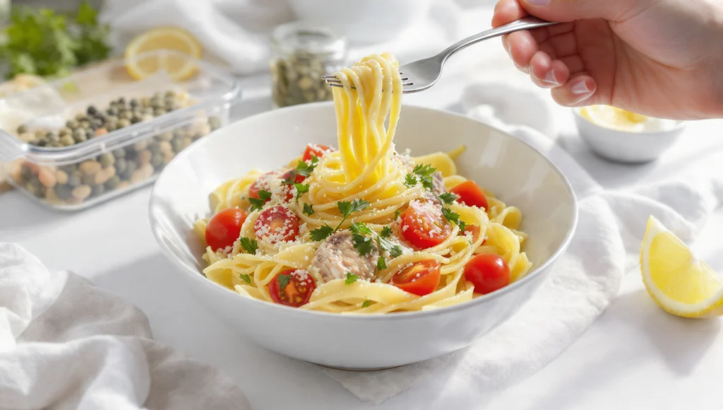 Thunfisch-Pasta mit Kapern, schnelles 10-Minuten Mittagessen fürs Büro, einfach und herzhaft