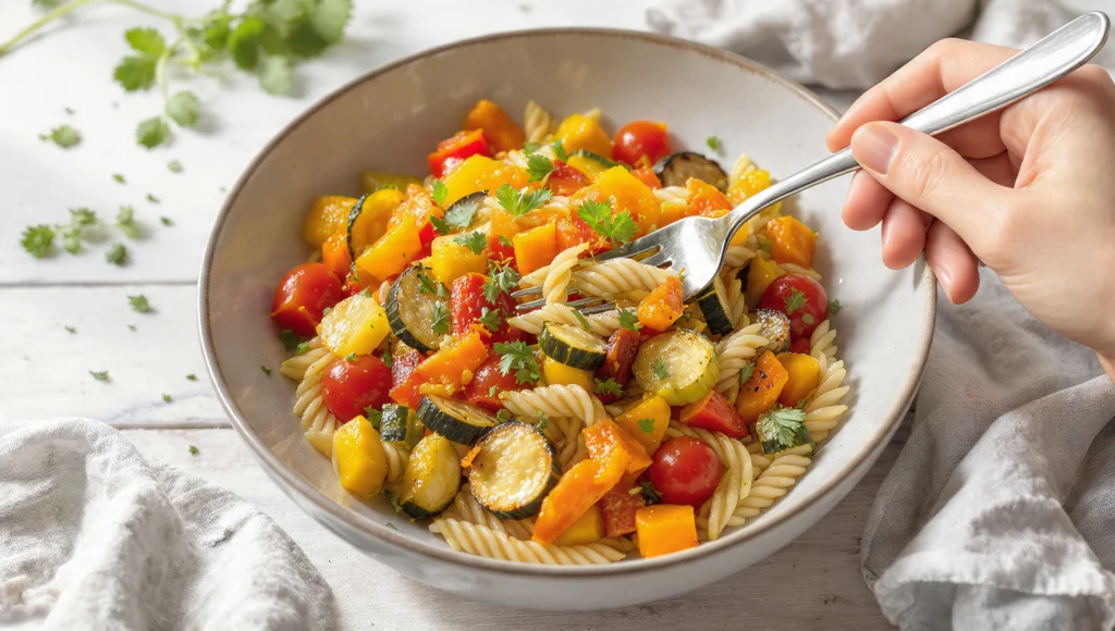 Vollkorn-Pasta mit Ofengemüse: Vollkornnudeln mit gerösteter Zucchini, Paprika und Kirschtomaten in 20 Min.