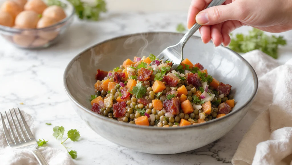 Warmer Linsensalat mit Speck: herzhafte Puy-Linsen mit knusprigem Speck und Senf-Vinaigrette unter 20 Min.