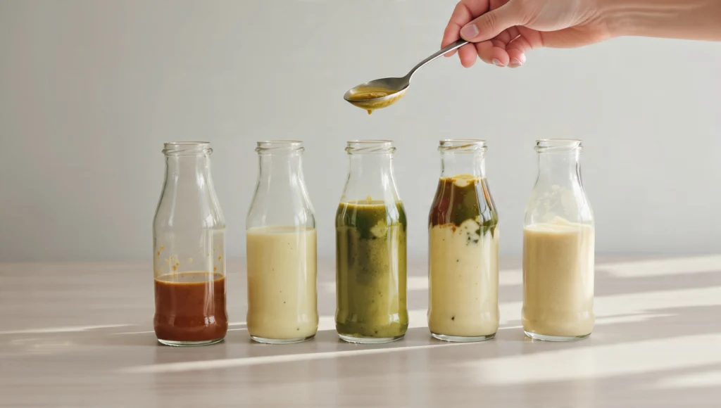 5 selbstgemachte Salatdressings in kleinen Gläsern – schnelle 2-Minuten-Rezepte für jeden Salat