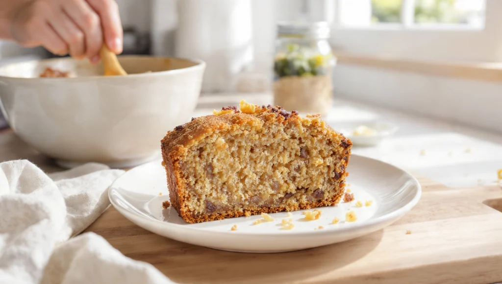 Saftiges Bananenbrot ohne Zucker mit 5 Zutaten auf Holzbrett – schnelles gesundes Rezept in 30 Minuten