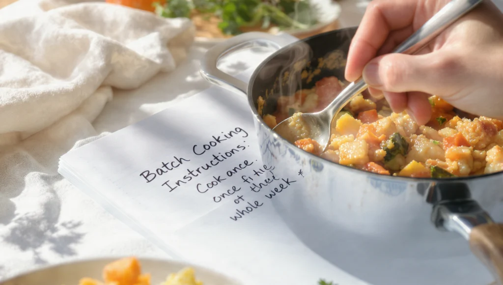 Batch Cooking Anleitung, einmal kochen für die ganze Woche, einfache Meal-Prep-Idee für mehr Zeit.