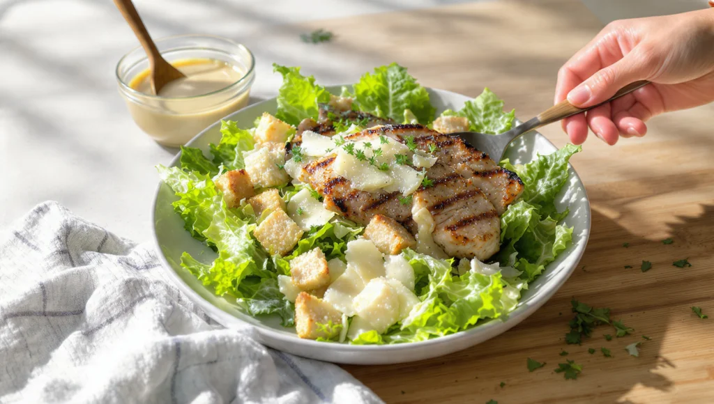 Caesar Salad mit selbst gemachtem Dressing und Croutons in Schüssel – schnelles 10-Minuten-Salatrezept