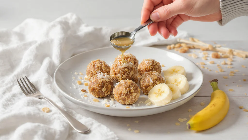 Selbstgemachte Energie-Balls ohne Backen auf Holzbrett – gesunder 10-Minuten-Snack mit Haferflocken