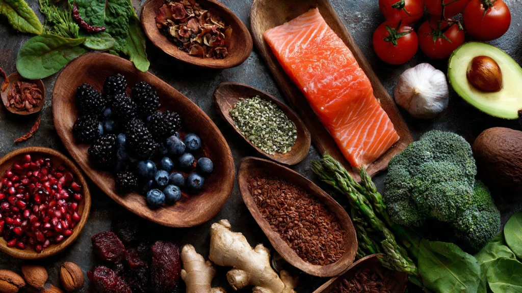 Entzündungshemmende Lebensmittel: Gemüse, Beeren, Nüsse und Fisch auf einem hellen Tisch.