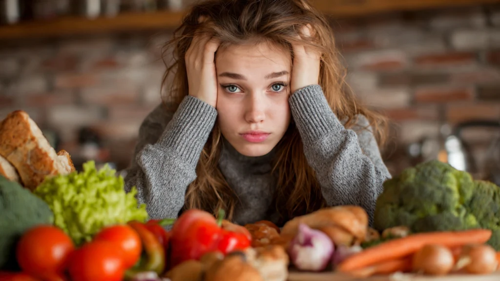 Gesunde Lebensmittel auf einem Tisch für Ernährung bei Stress und mehr Wohlbefinden.