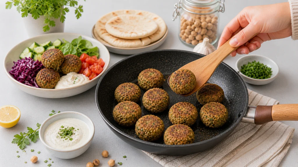 Pfannen-Falafel in 15 Minuten: knusprige Kichererbsen-Falafel mit Tahini-Dip und frischen Kräutern serviert