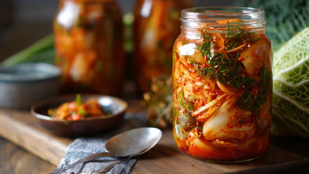 Kimchi, Sauerkraut und Joghurt als fermentierte Lebensmittel auf einem hellen Tisch.